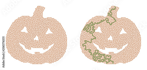 Halloween maze illustration featuring two smiling jack-o'-lanterns with a visible solution path for children, designed for festive activities and educational purposes
