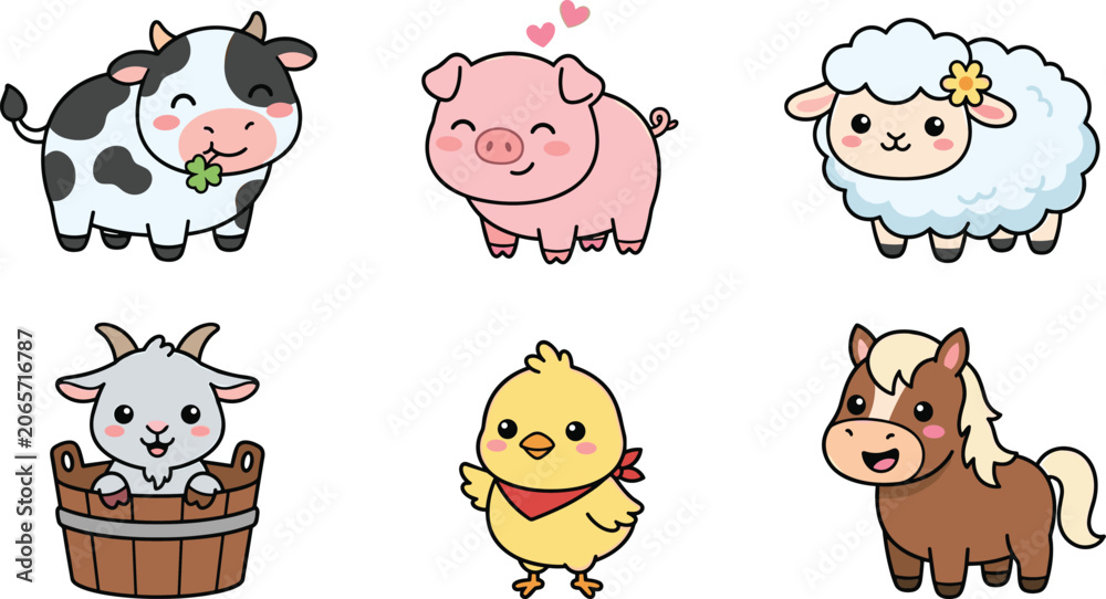 Obraz premium Cute Farm Animal Character Set Featuring Cow, Pig, Sheep, Goat, Chick, and Pony in Adorable Cartoon Style Illustrations