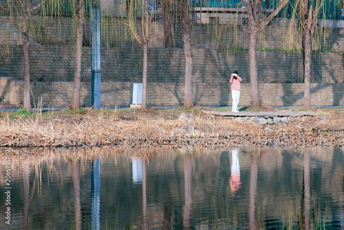 People walking and taking photos on riverside boardwalk in vibrant spring park