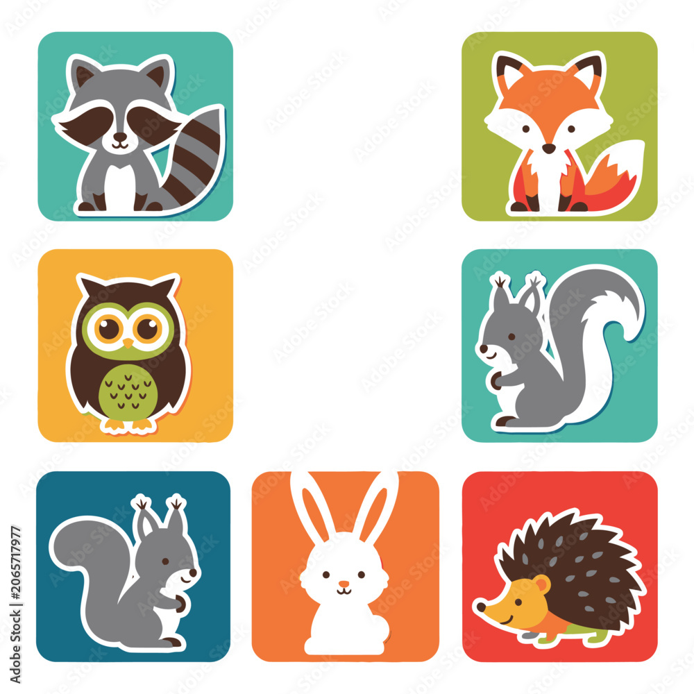 Naklejka premium Colorful illustrations of forest animals including raccoon, fox, owl, squirrel, rabbit, and hedgehog in squares