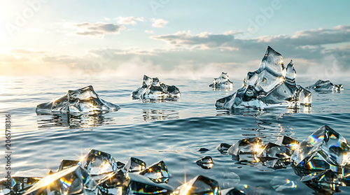 Seagulls on a snowy winter beach with penguins by the cold ocean shore at sunset