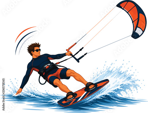 Foto Man kitesurfing on water with kite and board kiteboarding