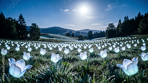 Spring mountain meadow with flowers and green park landscape under blue sky and clouds