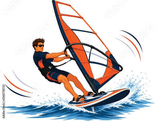 Foto Man windsurfing on water with sailboard windsurfer