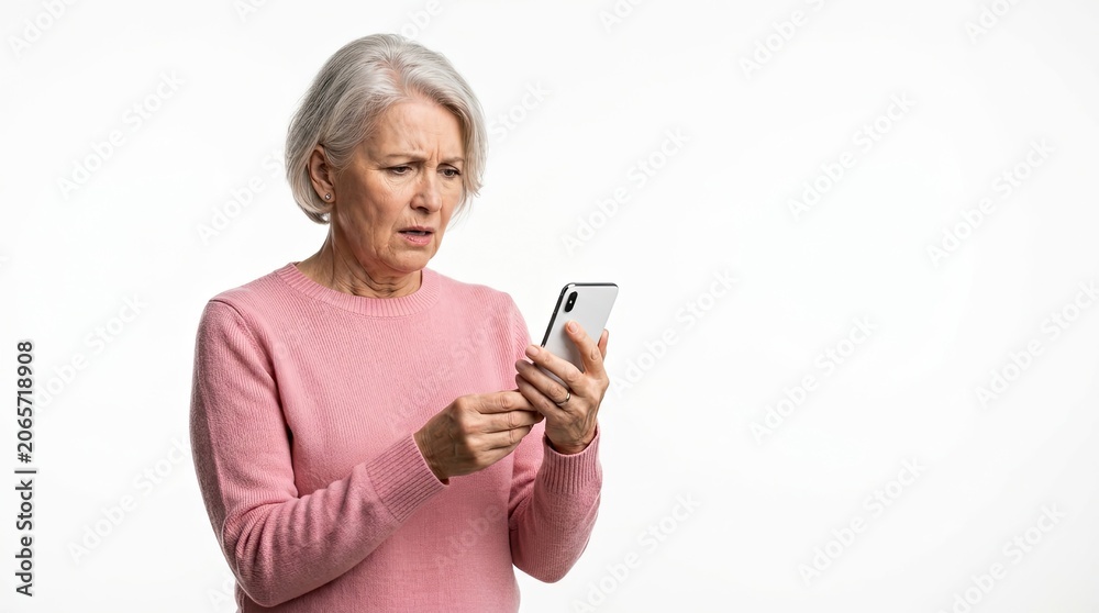 Fototapeta premium Senior Woman Expressing Concern While Looking at Her Smartphone