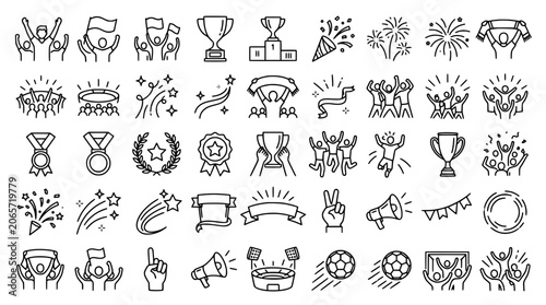 Foto Soccer fans celebration and champion victory line icon set featuring linear vect