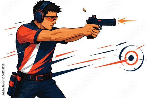 Tableau sur toile Shooter aiming pistol at target with ejected shell casing