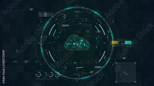 Motion graphic of cloud computing HUD interface with rotating circular dashboard, glowing data grid, and cybersecurity style for technology presentation backgrounds.