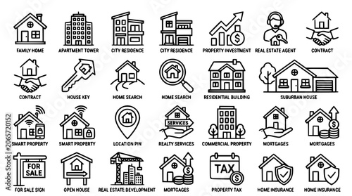 Cuadro en lienzo Real estate and property thin line vector icon set with houses apartments keys m