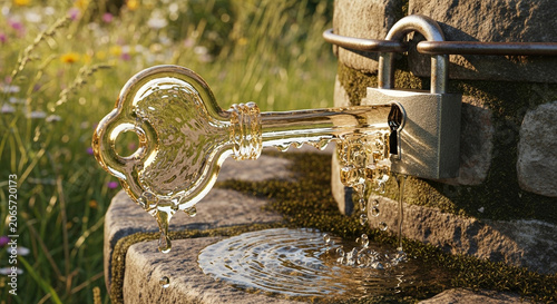 Magical Crystal Key Water Dripping From Iron Padlock On Mossy Stone Wall With Daisy Flowers Background