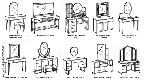 Foto Bedroom dressing table and vanity console line art vector icon set with mirrors