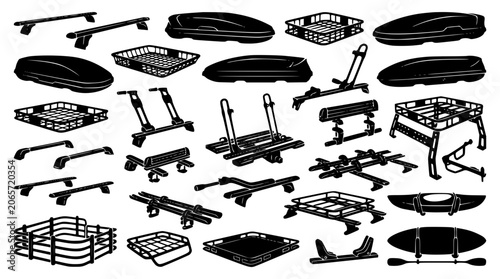 Obraz na plátně Car luggage roof rack and cargo transport vector silhouette icon collection feat