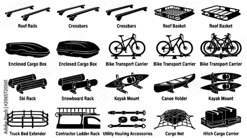 Obraz na plátně Car roof rack and cargo transport vector icon set with crossbars bike carriers k