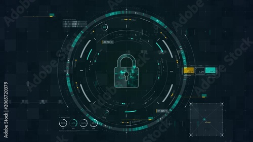 Motion graphic of cybersecurity HUD interface with digital lock icon, rotating circular dashboard, glowing data grid, and secure technology presentation style.