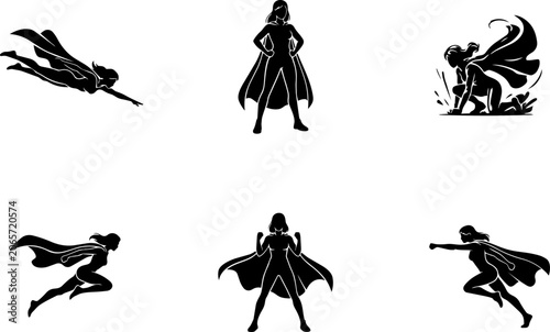 Female superheroes in dynamic poses against a bright sky during daytime action