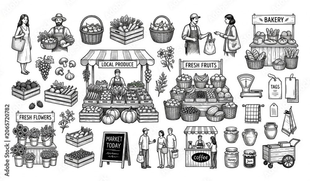 Fototapeta premium Hand Drawn Marketplace Elements Vector Collection