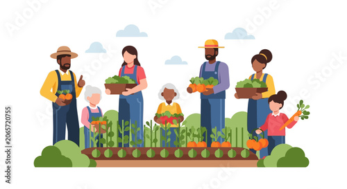 Diverse Group of People Harvesting Fresh Organic Vegetables in a Community Garden Vector Illustration