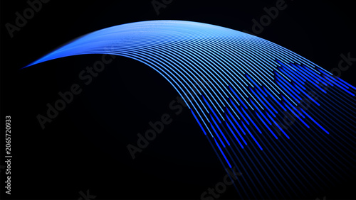 Dynamic wave of glowing blue light lines against. Curved trails create a sense of motion and perspective, suggesting data transmission, high-speed connection, fiber optics, or digital energy flow.