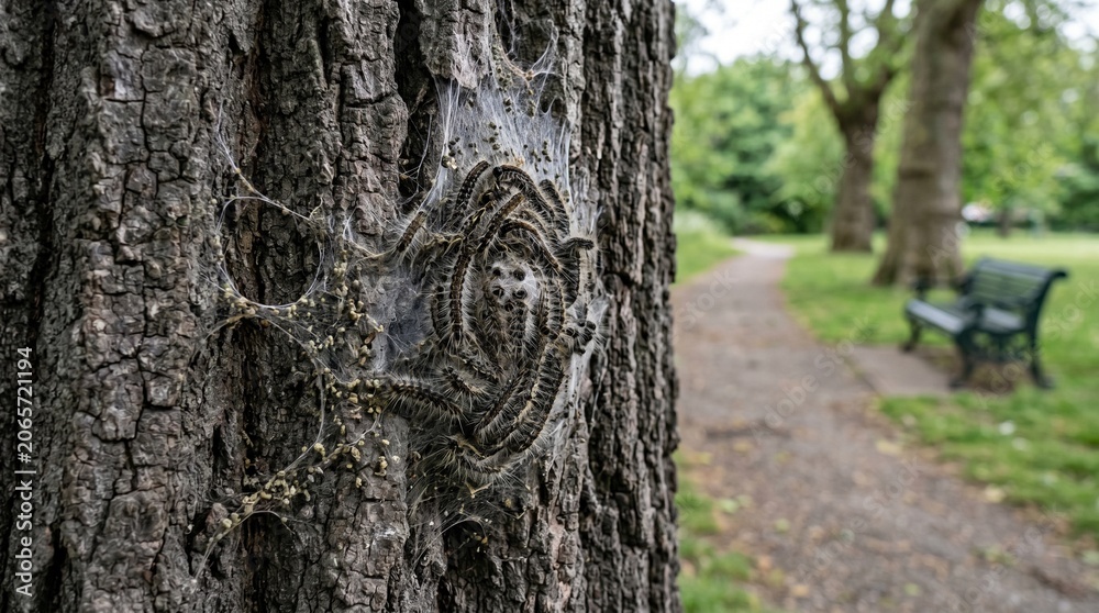 Fototapeta premium Oak Processionary Caterpillar Clusters Covering Urban Park Oak Trunk