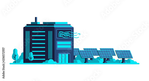 Sustainable Smart Building Vector Illustration with Solar Panels and Renewable Energy Icons for Clean Tech and Green Infrastructure Concept