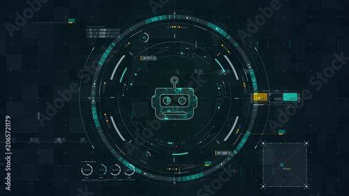 Motion graphic of chatbot HUD interface with robot icon, rotating circular dashboard, glowing data grid, and futuristic customer support technology style.