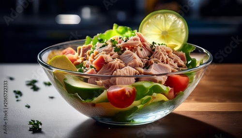 preparing tuna salad in glass bowl with a slice of lime on kitchen table