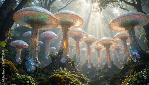 Jellyfish-shaped mushrooms growing in a green forest with moss and grass in autumn nature