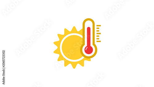 Hot weather thermometer icon with yellow sun symbol 