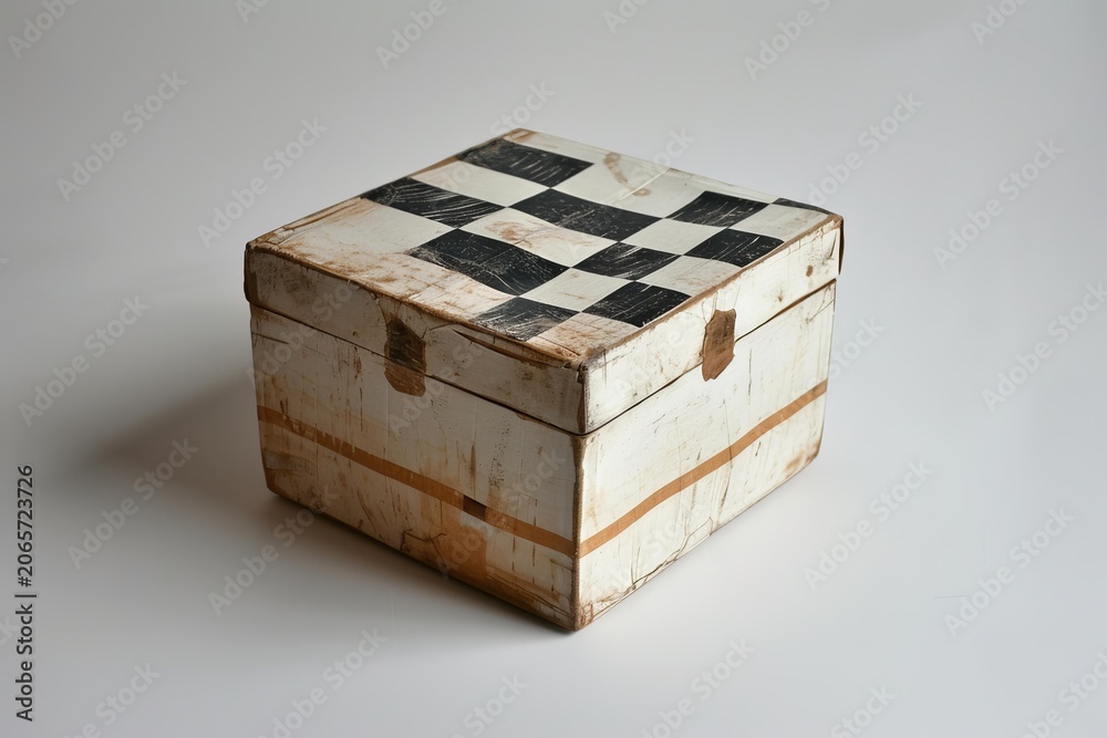 Fototapeta premium Distressed wooden box featuring a hand painted black and white checkered design on its lid