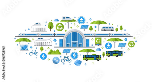 Sustainable Smart City Transportation Hub with High-Speed Trains, Electric Buses, and Renewable Energy Icons