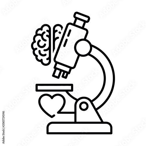 Scientific microscope line icon with brain and heart symbols, medical research and neuroscience vector, laboratory equipment for healthcare analysis
