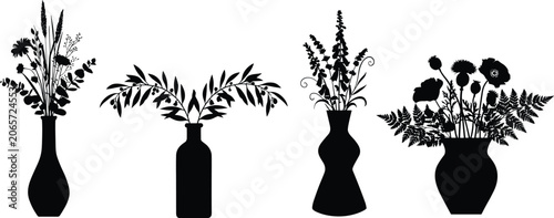 Floral vase silhouette collection with diverse botanical arrangements for decorative nature inspired design projects