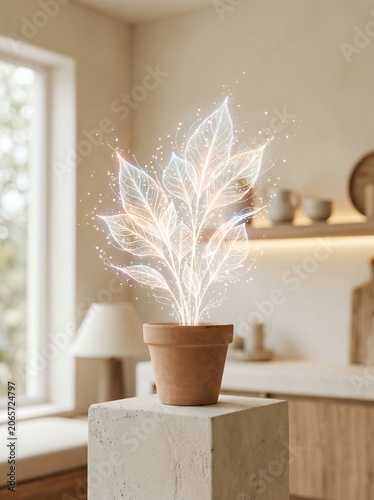 Glowing ethereal plant with shimmering leaves in a terracotta pot on a stone pedestal in a minimalist kitchen interior