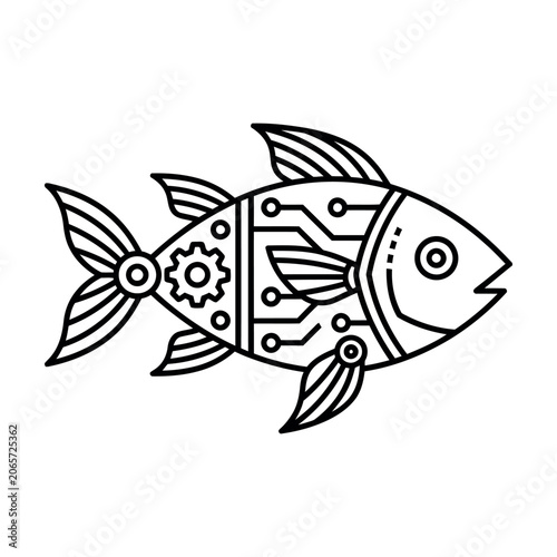 Cybernetic robotic fish vector illustration, mechanical bionic sea creature with circuit board patterns, futuristic tech fish icon for marine engineering