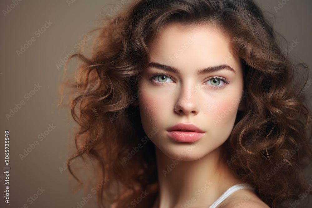 Fototapeta premium Young woman posing with natural makeup and flowing wavy hair
