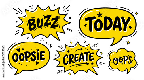 Yellow comic speech bubbles with Buzz and Today text.