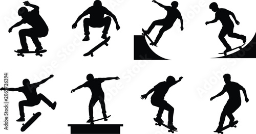 Photos Skateboarder Silhouette Collection with Extreme Skateboarding Tricks and Action