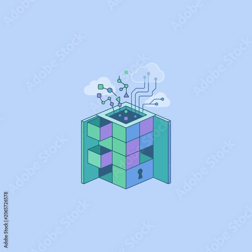 A digital storage cube with abstract data connections and clouds