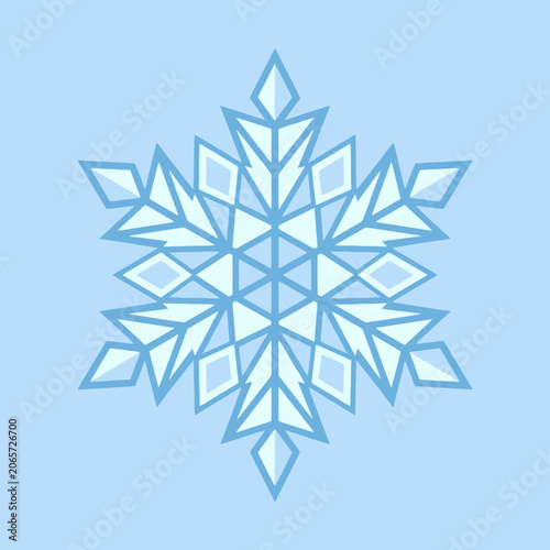 A geometric blue snowflake illustration on a light background