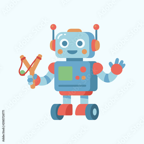 A cute blue robot holding a wooden slingshot toy stands alone