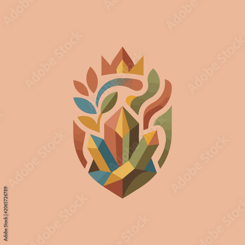 A stylized graphic illustration featuring geometric crystals and leaves
