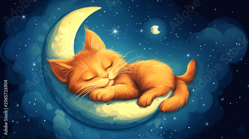 Fluffy cat dreams on crescent moon in a night sky filled with stars
