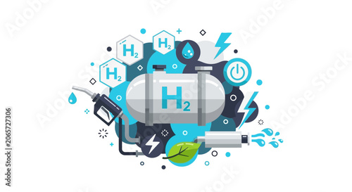 Green Hydrogen Energy Concept Illustration with H2 Storage Tank, Fuel Nozzle, and Eco-Friendly Symbols for Sustainable Power and Zero Emission Technology