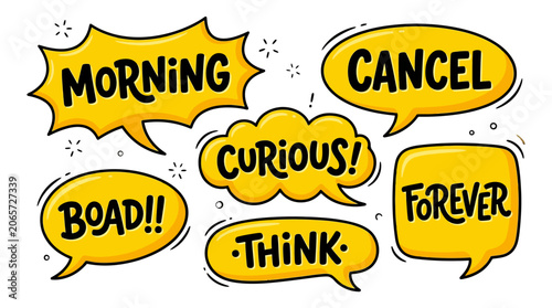 Yellow comic stickers with Morning, Cancel, Curious, and Think.