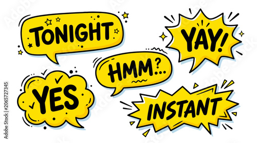 Yellow comic stickers with Tonight Yay Yes Hmm Instant.