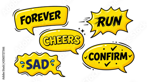 Yellow comic style bubbles with cheers and confirm text.