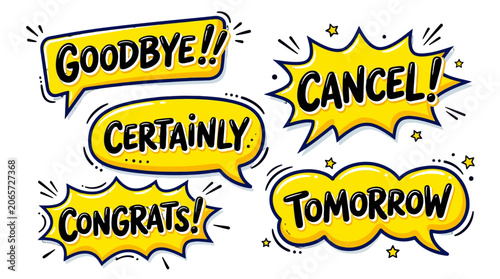 Yellow comic stickers with words Goodbye Cancel and Congrats.