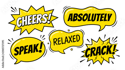 Yellow comic text bubbles with cheers and speak text.