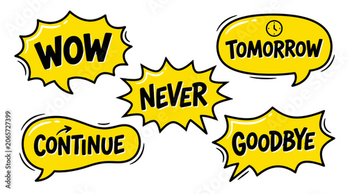 Yellow comic style bubbles with wow and goodbye text.