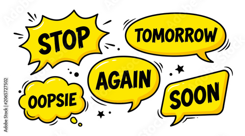 Yellow comic speech bubbles with stop and tomorrow text.